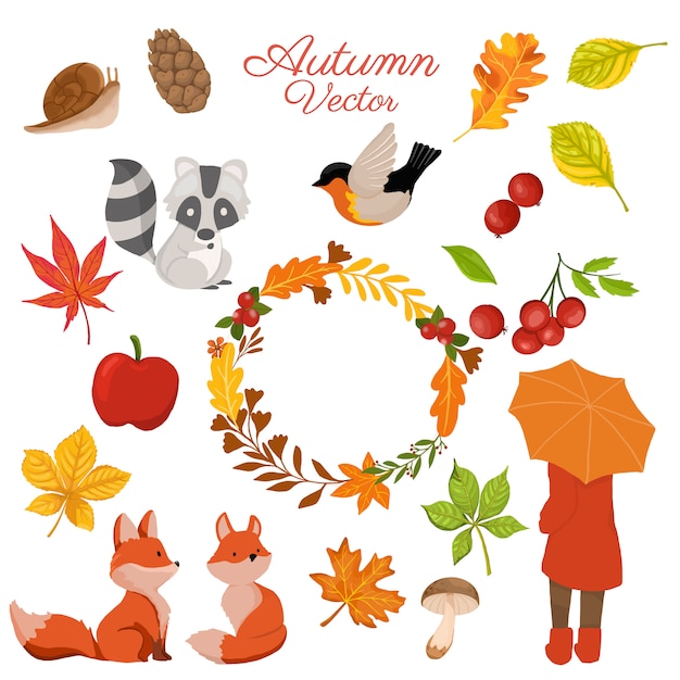 Autumn elements collection with decorative wreath