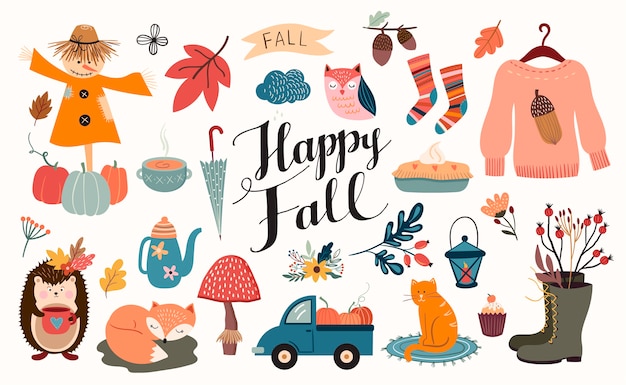 Vector autumn elements collection with seasonal cute elements