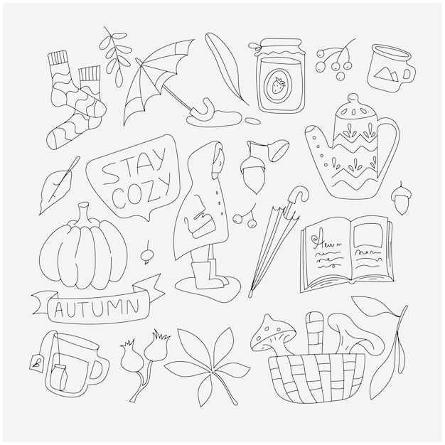 Autumn elements doodle set cozy time icons fall season collection minimalistic simple