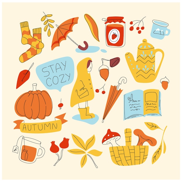 Vector autumn elements doodle set cozy time icons fall season novembe collection minimalistic simple