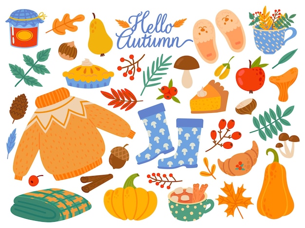 Autumn elements. Falling leaves, yellow plants and food, harvest festival or thanksgiving day seasonal abstract cartoon vector set. Autumn leaf forest, nature season elements cartoon illustration