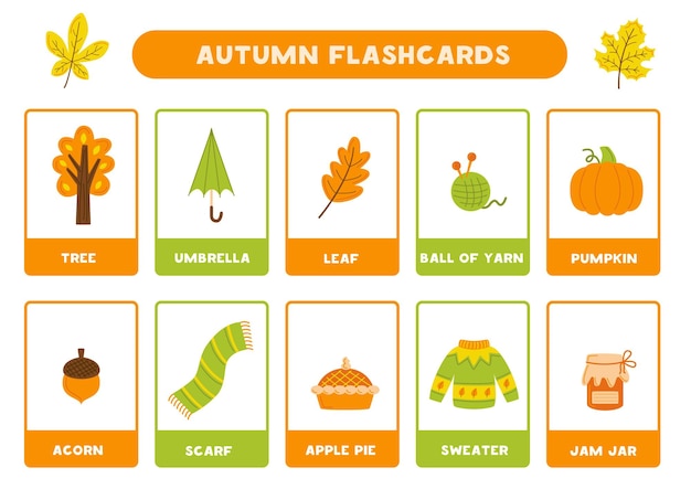 Autumn elements flashcards for preschool kids Educational cards