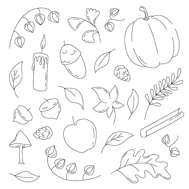 Elementi autunnali in stile scarabocchio disegnati a mano con zucca, ghianda, foglie, candela e cannella