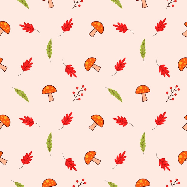 Autumn elements mushrooms and plants seamless pattern on a white background