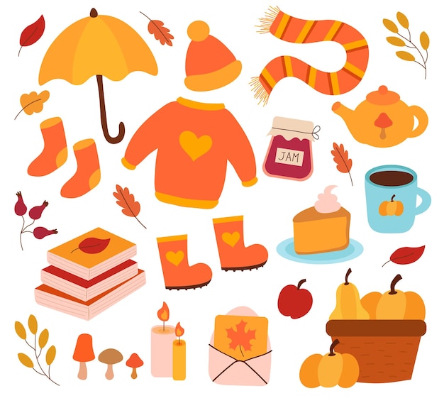 Autumn elements Sweater hat scarf and socks umbrella Basket books candles Pumpkin pie jam cup book