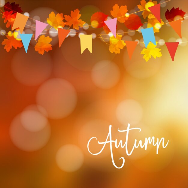 Vector autumn fall background greeting card with maple and oak leaves and bokeh lights string decoration with colorful party flags modern blurred vector illustration