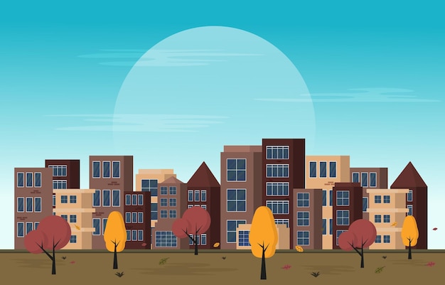 Autumn Fall Season City Park Building Trees Cityscape Flat Design Illustration