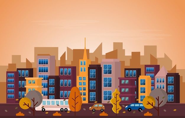 Vettore autumn fall season city street building cityscape view flat design illustration