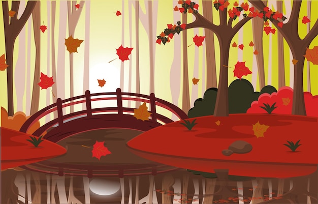 Vector autumn fall season countryside river bridge nature landscape illustration