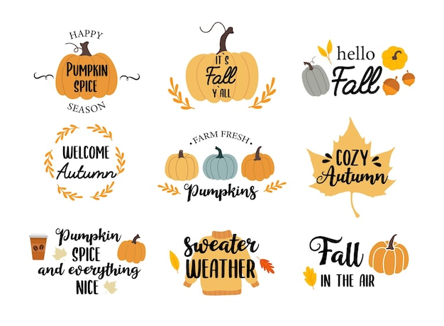 Autumn Fall season Cute printables autumn designs Pumpkins Vector illustration