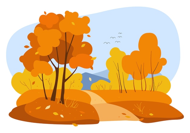 Vector autumn or fall season landscape with trees mountains path falling leaves