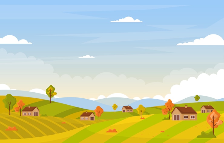 Vector 秋秋シーズンツリーゴールデンイエローヒルパノラマ風景