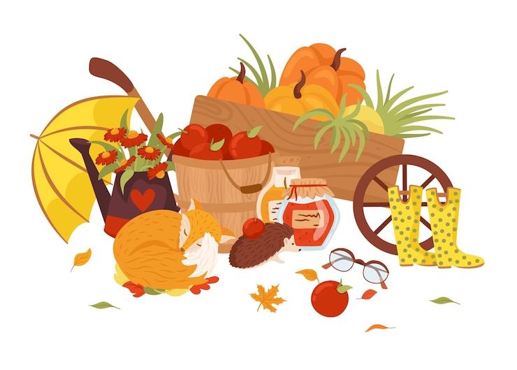 Vector autumn fall season vector illustration set compositioncute animals hedgehog fox and autumnal harvest pumkin apple umbrellas