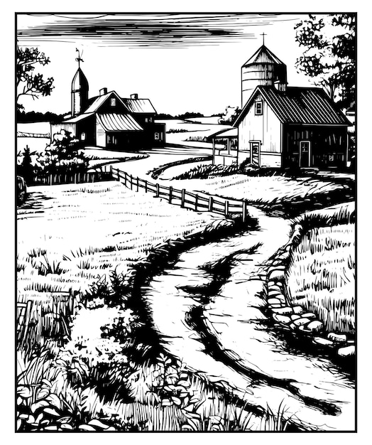 Autumn farmhouse coloring pages vector cartoon farm landscape