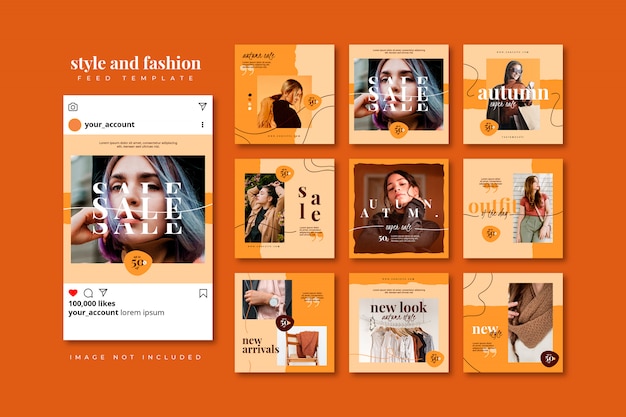 Vector autumn fashion social media puzzle post feed template collection