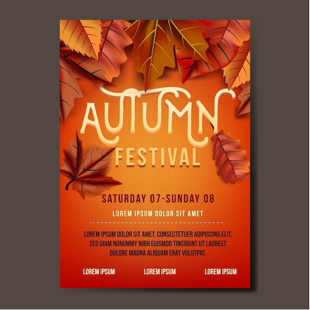 Autumn festival volantino o banner template design con foglie