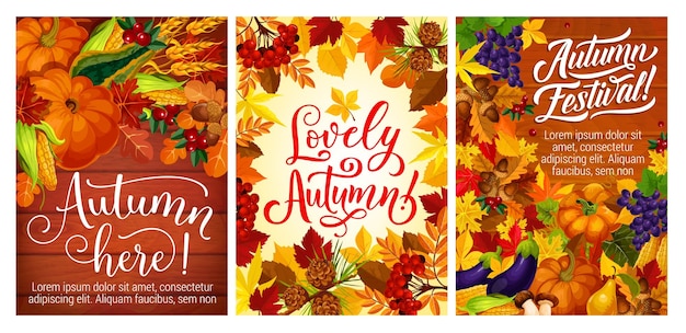 Autumn festival or party posters with fall harvest