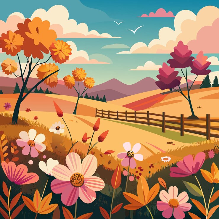 Vector autumn field landscape with cosmos flowers in bloom