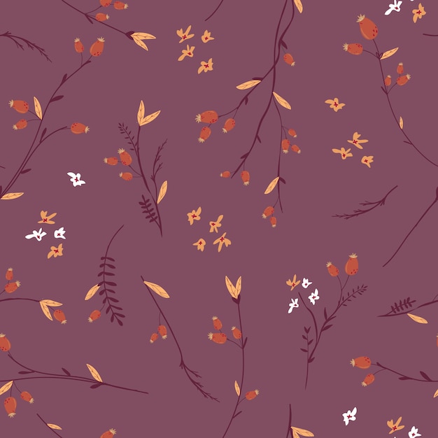 Autumn Floral Seamless Pattern with Leaves and Flowers. Fall Vintage Nature Background for Textile, Wallpaper, Print, Decoration, Wrapping Paper. Vector illustration