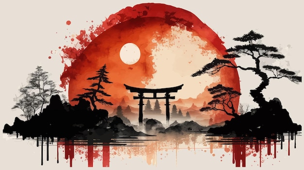 Fogliame autunnale montagne blu nebbiose e sole rosso in tradizionale stile giapponese minimalista orientale illustrazione vettoriale