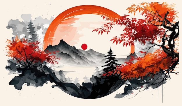 Fogliame autunnale montagne blu nebbiose e sole rosso in tradizionale stile giapponese minimalista orientale illustrazione vettoriale