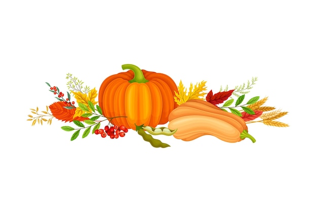 Autumn Foliage with Pumpkin and Rowan Berry Cluster Vector Composition