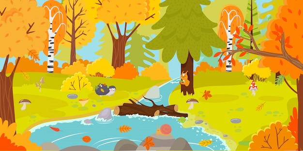 Autumn forest. autumnal nature landscape, yellow forests trees and woodland fall leaves cartoon  illustration