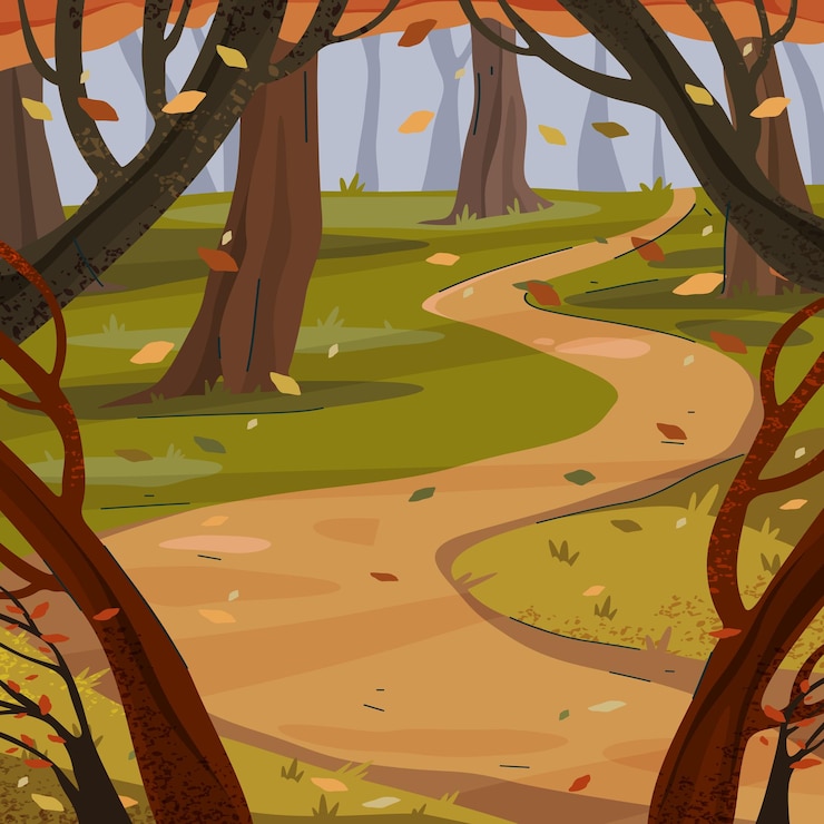 Vector autumn forest background or fall wood backdrop vector seasonal landscape with trail and tree natural