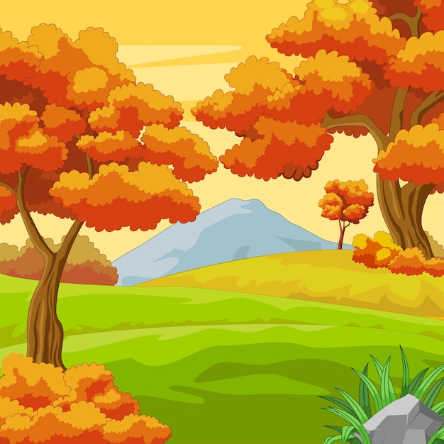 Vector autumn forest background with mountain