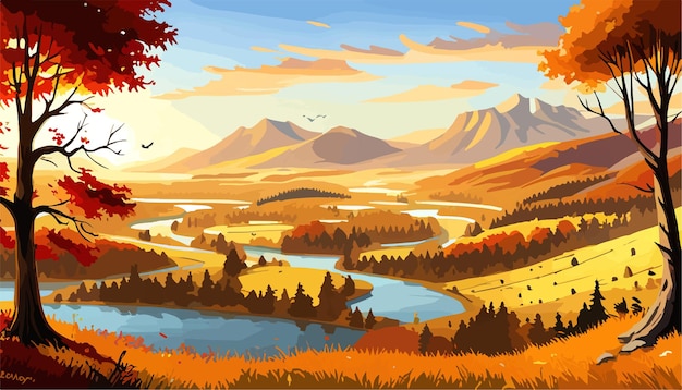 午前中の秋の森 秋の風景 山と川 モダンなベクトルイラスト