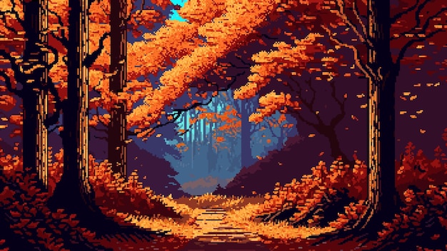 Autumn forest landscape ai generated 8bit retro pixel art game background 2d fall season wood scene with bright orange colored trees and fallen leaves immerses player in a nostalgic atmosphere