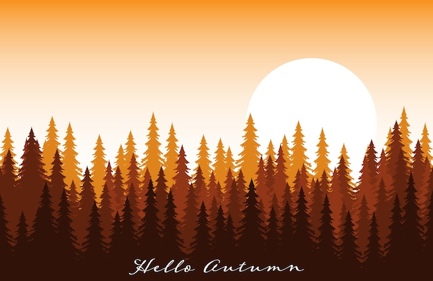 Autumn forest landscape background with Hello Autumn text.