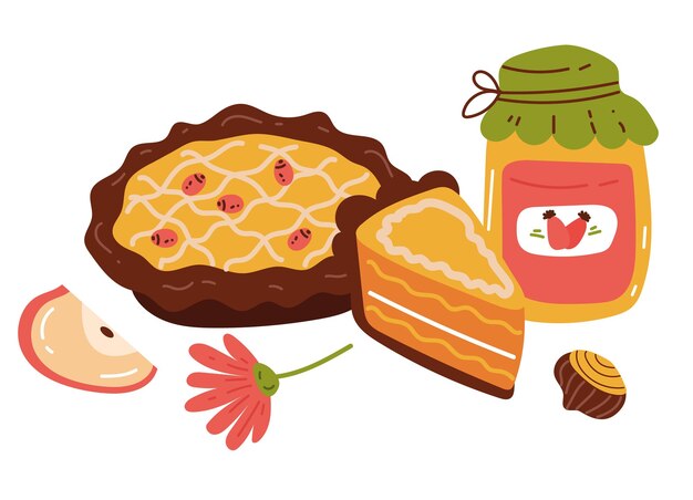 Autumn forest meal with pie and hot drink concept cartoon design element illustration