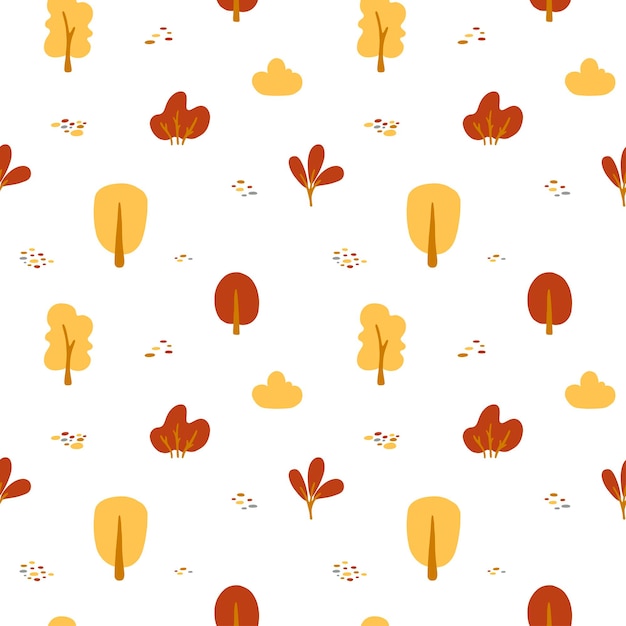 Autumn forest seamless pattern with trees and bushes in yellow and red colors. Vector illustration