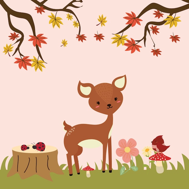 Foresta di autunno in vettore con cervo carino
