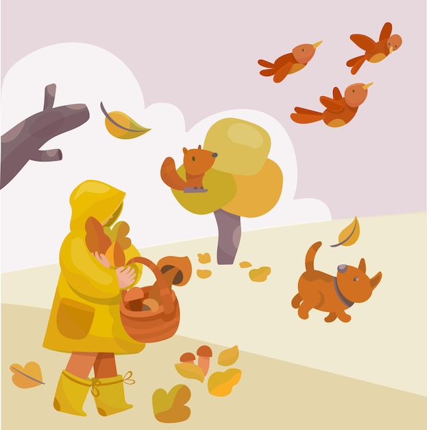 Autumn Forest Walk Dog collecting leaves and mushrooms vector