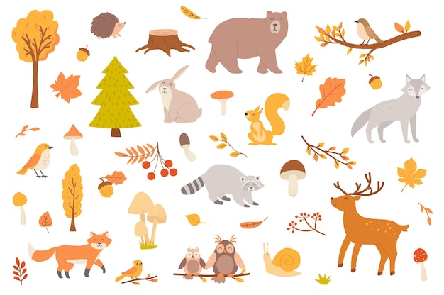 Autumn forest with animal isolated objects set Collection of fall trees and leaves mushrooms bear