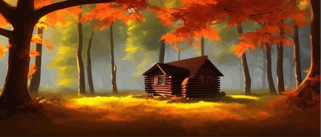 Foresta autunnale con una casa in legno cartone animato vettoriale illustrazione del paesaggio forestale profondo con foresta