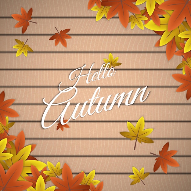 Autumn Frame Background with Leaves on Wood Table