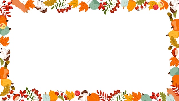 Vector autumn frame fall horizontal banner cute hand drawn colourful pumpkins apples rowan border vector