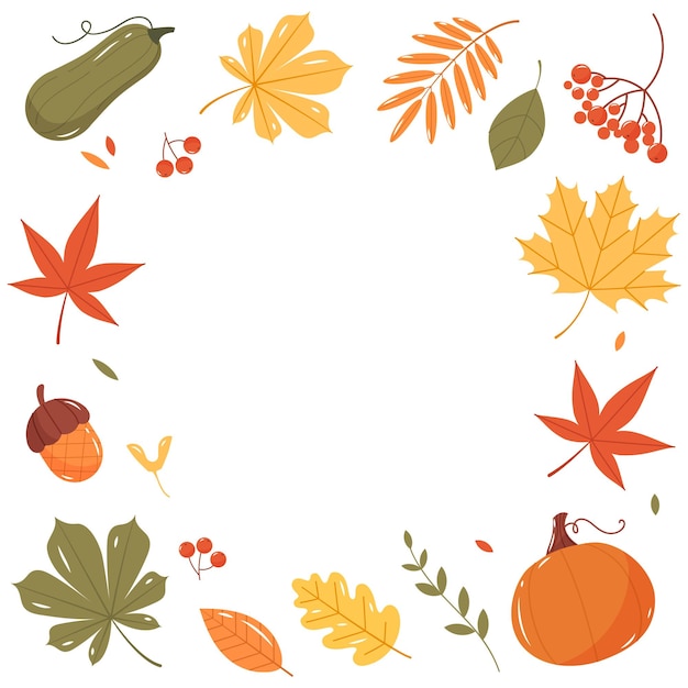 葉カボチャとドングリの秋のフレーム フラット ベクトル図