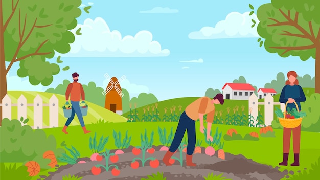 Autumn gathering People collecting harvest man picking carrot and beetroot woman holding basket with vegetables