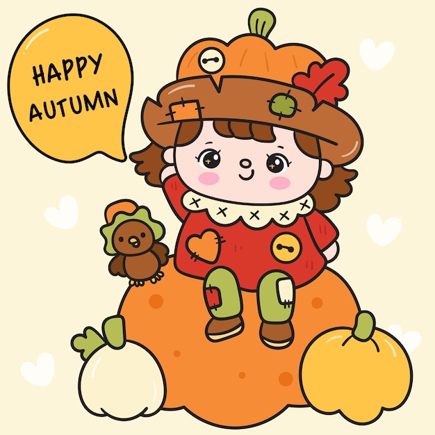 秋季女孩秋季季節在南瓜可愛的小孩農場角色Kawaii繪畫