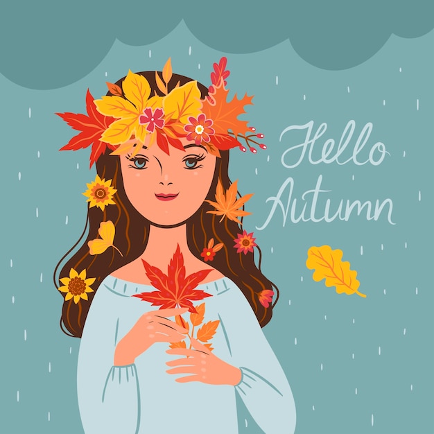 Осенняя девушка в венке из листьев и цветов векторная графика