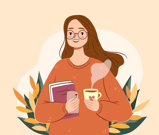 Ragazza autunnale con tè e libri. giovane donna isolata in un maglione. accogliente illustrazione vettoriale autunnale