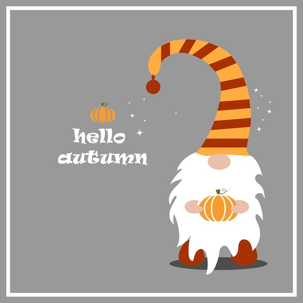 autumn gnome with pumpkin. postcard. invitation. hello autumn. cute dwarf. collection. vector
