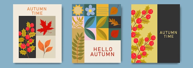 Autumn greeting card designs with colorful leaves berries and modern geometric patterns