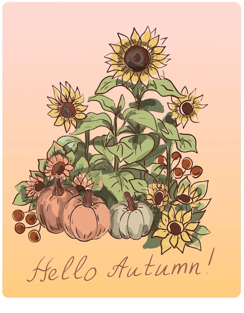 Autumn greeting card pumpkin sunflowers harvest vegetables leaves orange and brown color