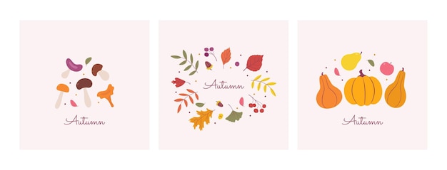 Autumn greeting card Set of minimalistic posters with leaves mushrooms pumpkins berries AutumnBanner