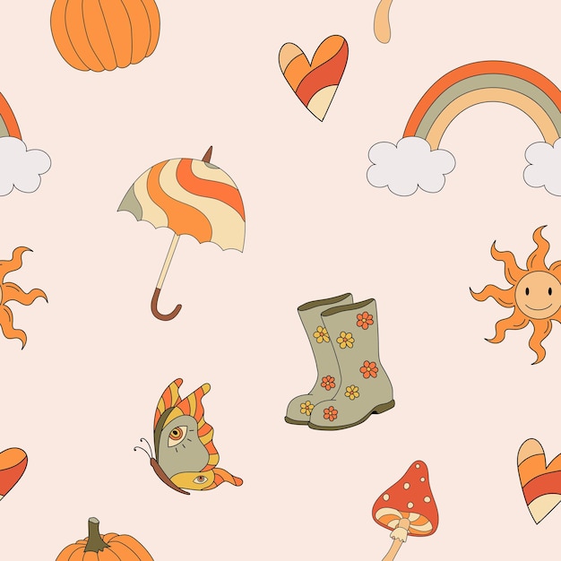 Осенний заводной бесшовный рисунок с зонтиком из радужных грибов Осенние вибрации Ретро векторная иллюстрация 70-х Стиль хиппи Текстильный дизайн ткани